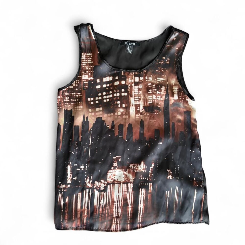 y2k vintage Forever 21 sheer black + brown cityscape tank top